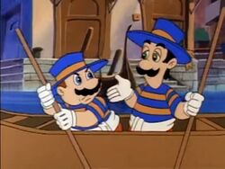 Mario and Luigi, dressed as gondoliers.