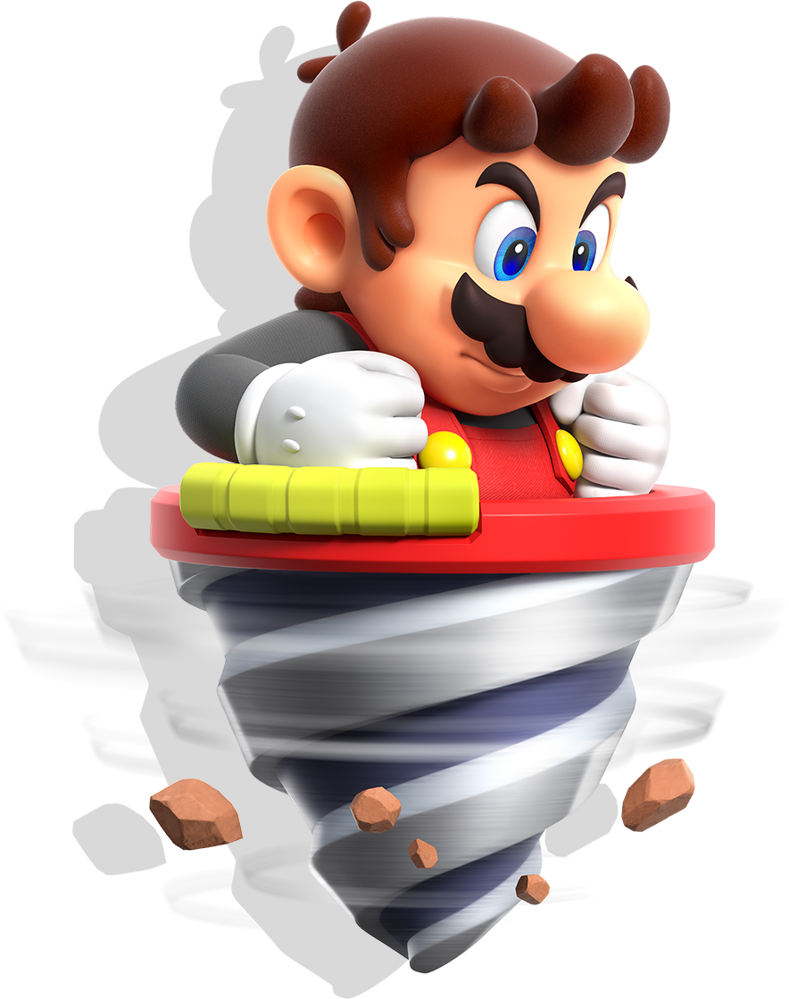 A picture of Drill Mario, who wears a gray shirt and red overalls. He is drilling down using a drill that covers his legs.