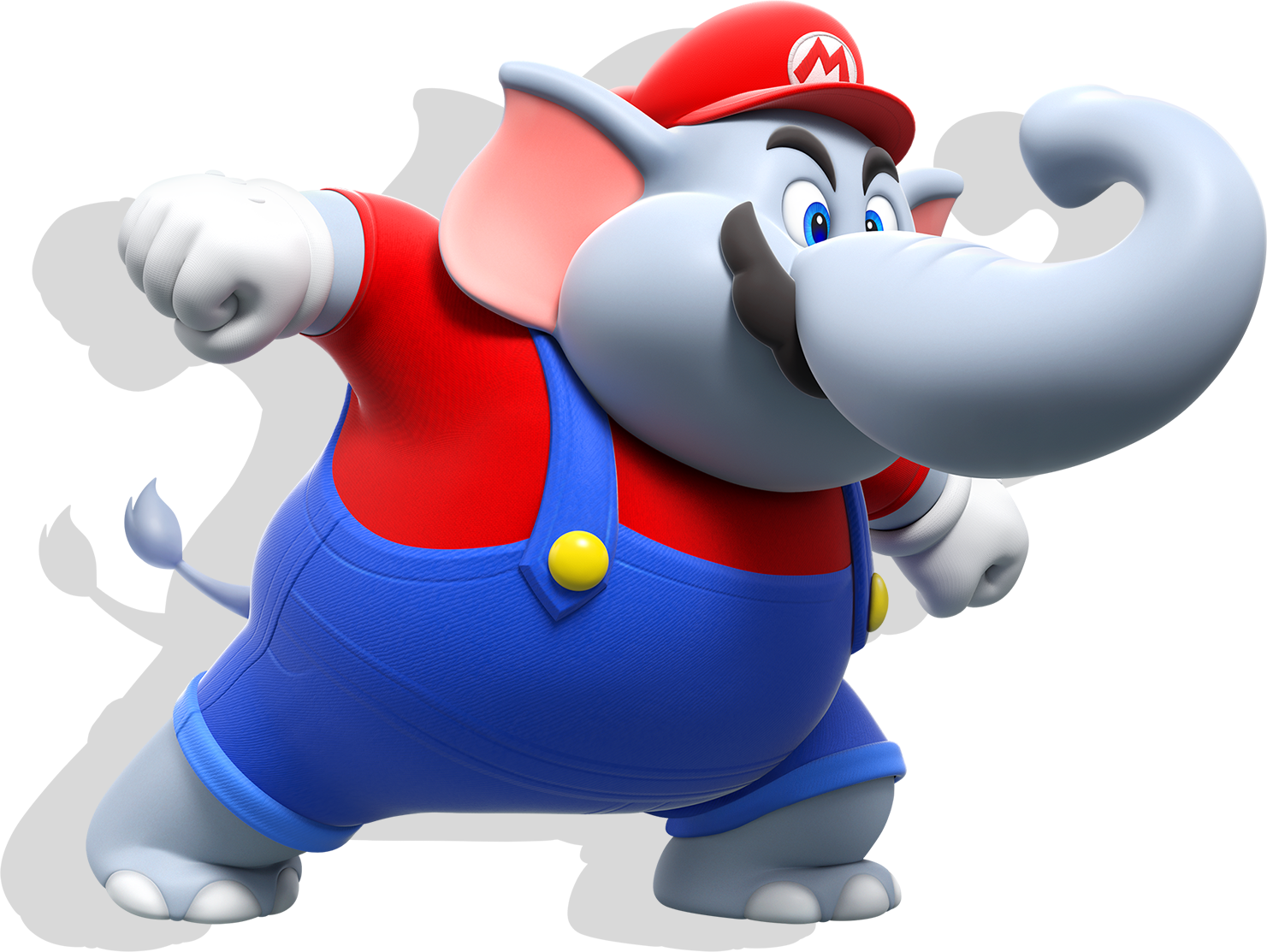 A picture of Elephant Mario. Mario is a large, anthrophomorphic elephant in this form. He still sports his cap, shirt, overalls, eyebrows, and mustache of his human form.
