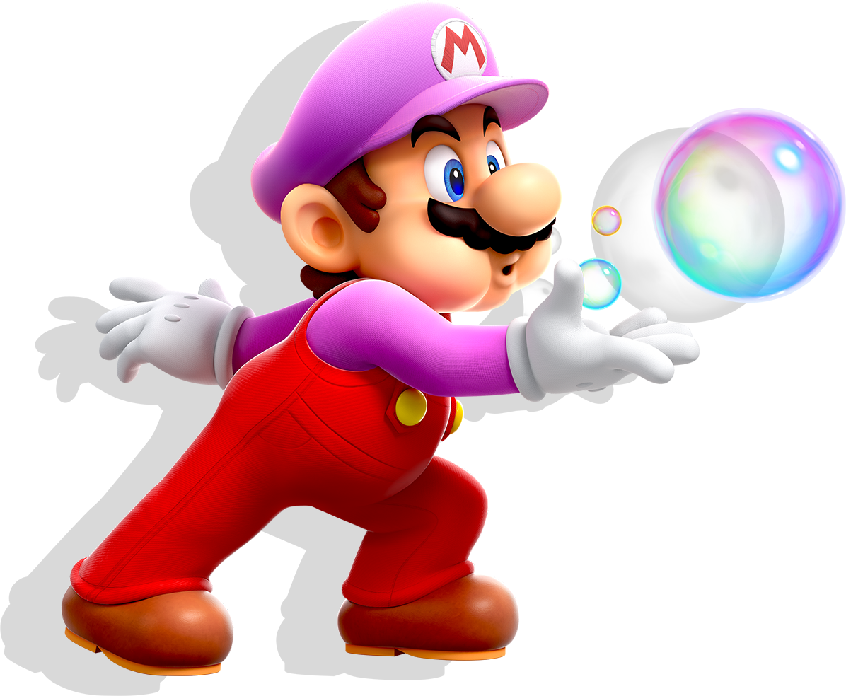 A picture of Bubble Mario, who wears a pink cap/shirt and red overalls. He is blowing a bubble.